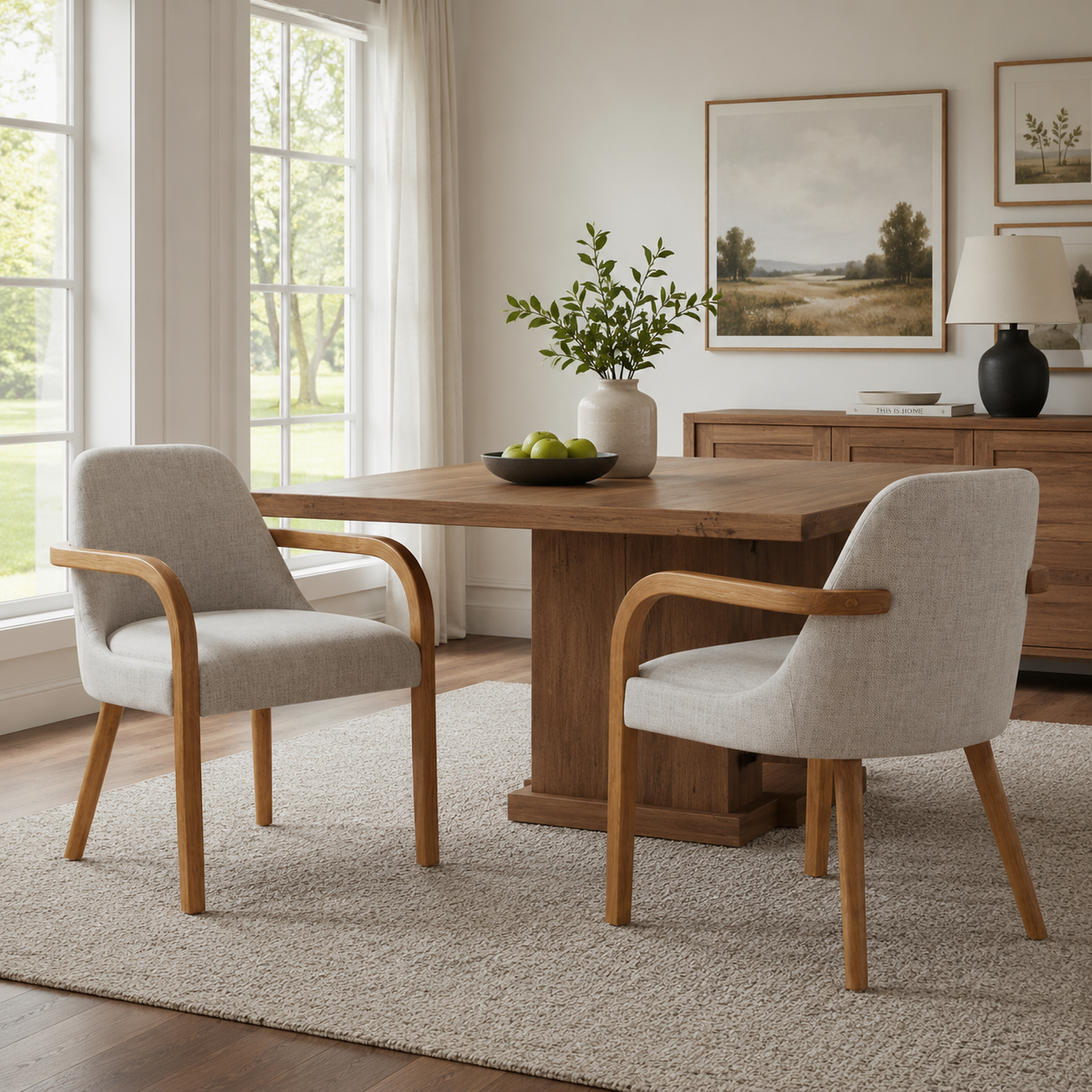 Geneva beige upholstered dining chairs with solid rubberwood legs beside a round wood dining table