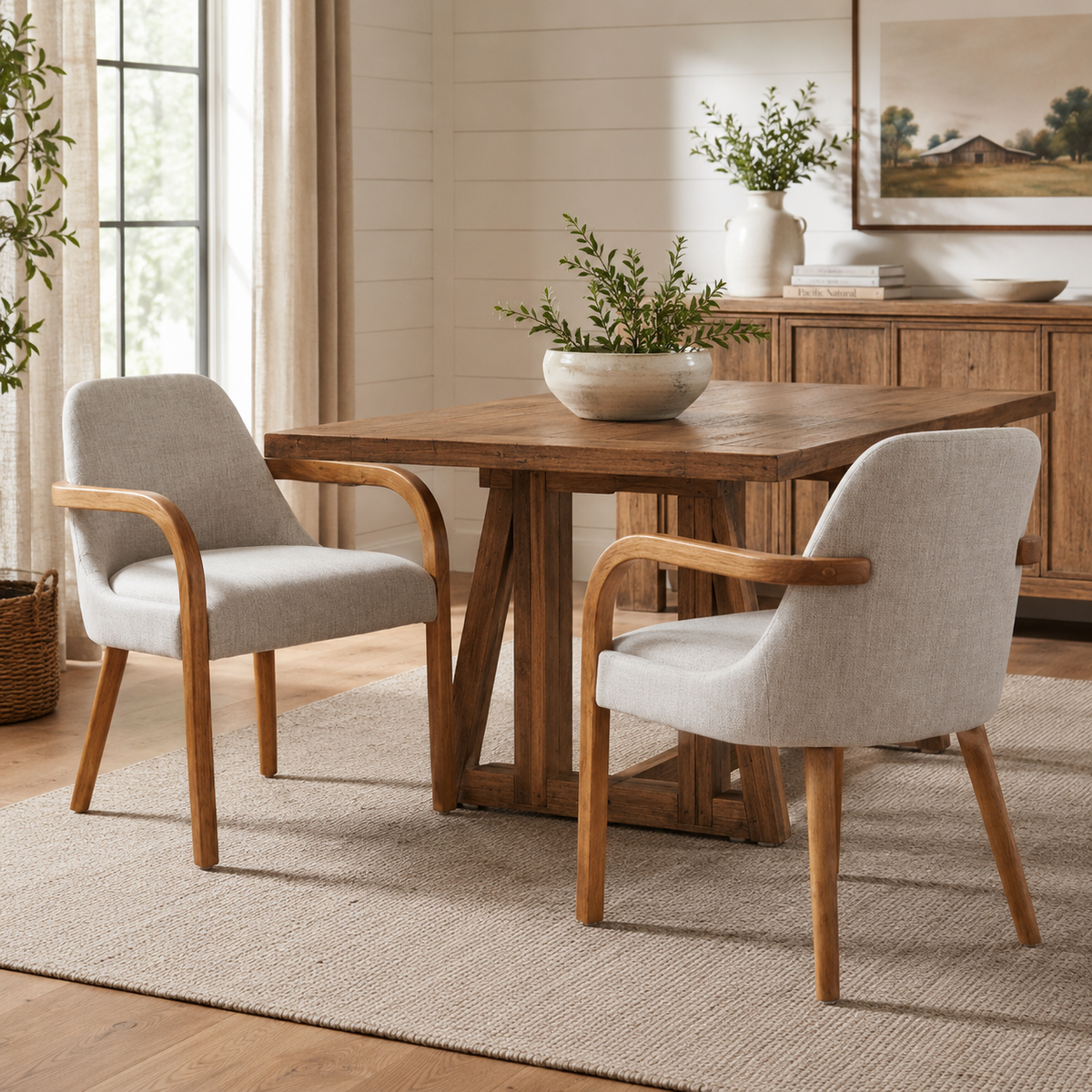 Geneva beige dining chairs around a round wood dining table in a bright dining room