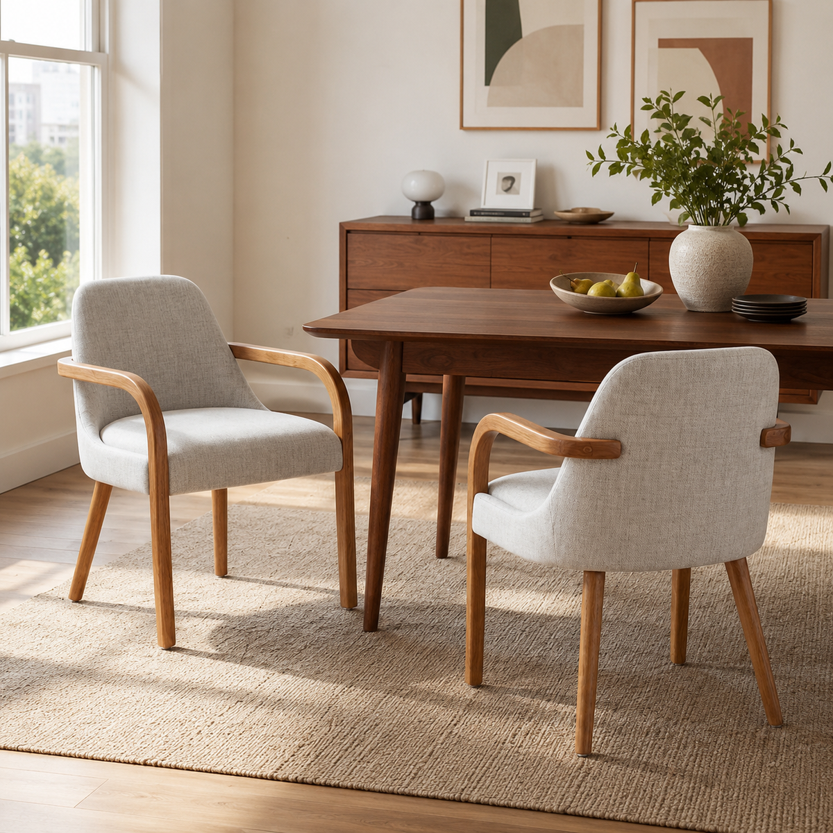 Geneva beige upholstered dining chairs around a dining table in a warm dining room