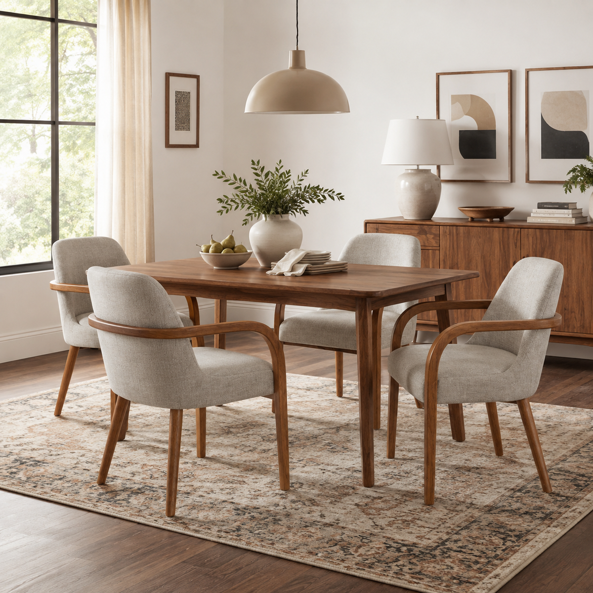 Geneva beige dining chairs in a bright dining room with a round wood table