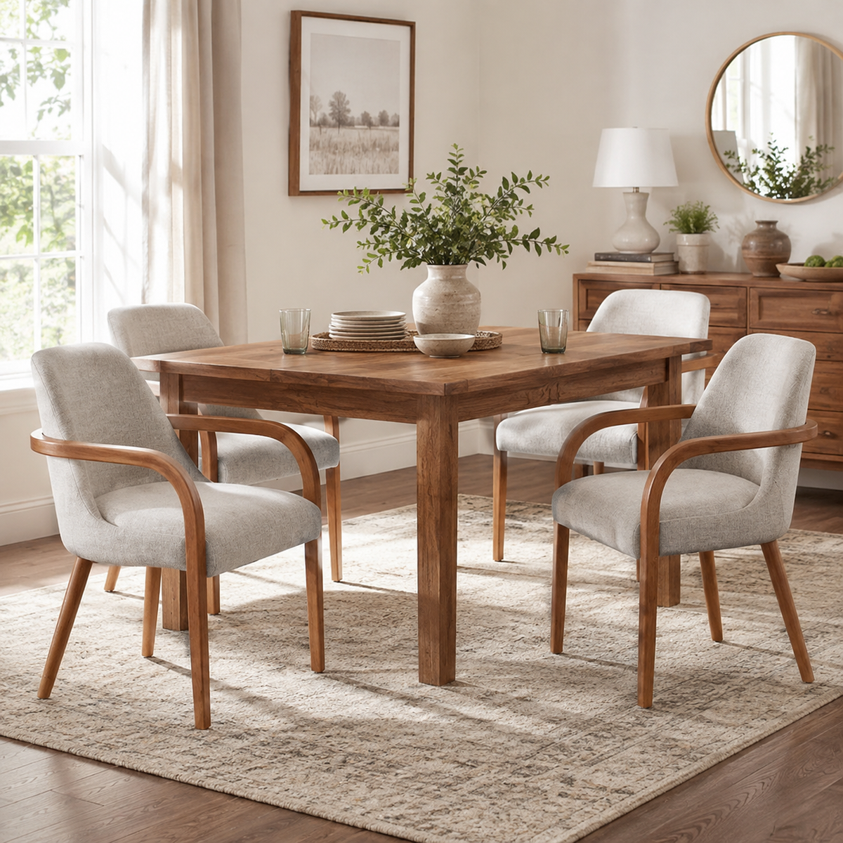 Geneva beige upholstered dining chairs around a dining table in a cozy neutral interior