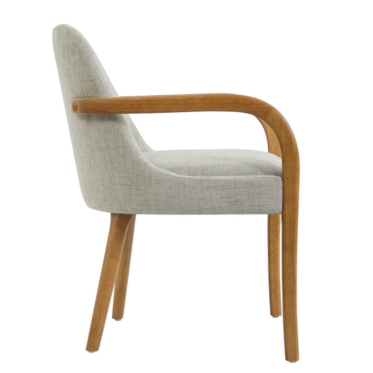 Geneva beige upholstered dining chair side view with solid rubberwood arms on white background