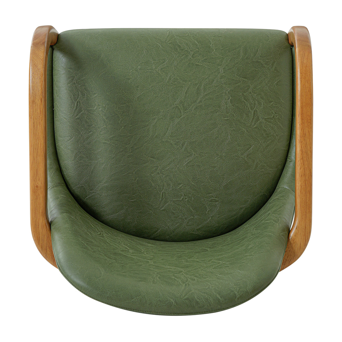Geneva green dining chair close-up of the curved upholstered seat and wraparound wood frame