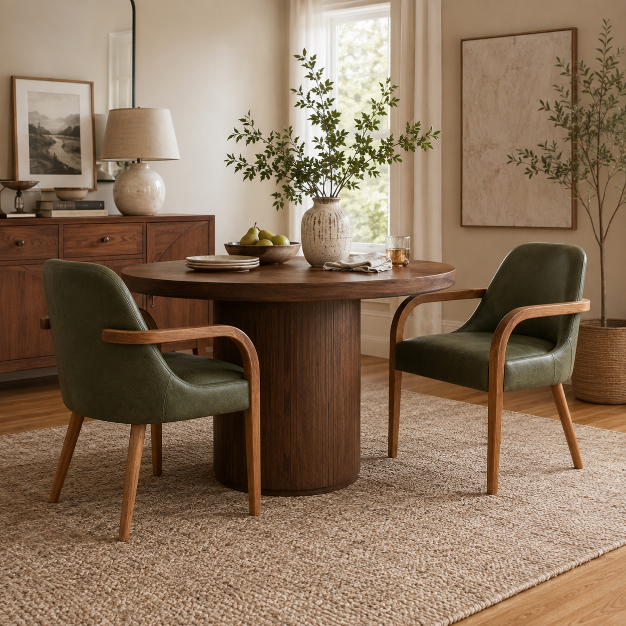 Geneva green upholstered dining chairs with solid rubberwood legs beside a round wood dining table