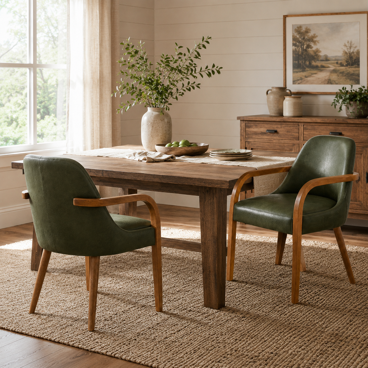 Geneva green dining chairs around a wood dining table in a bright dining room