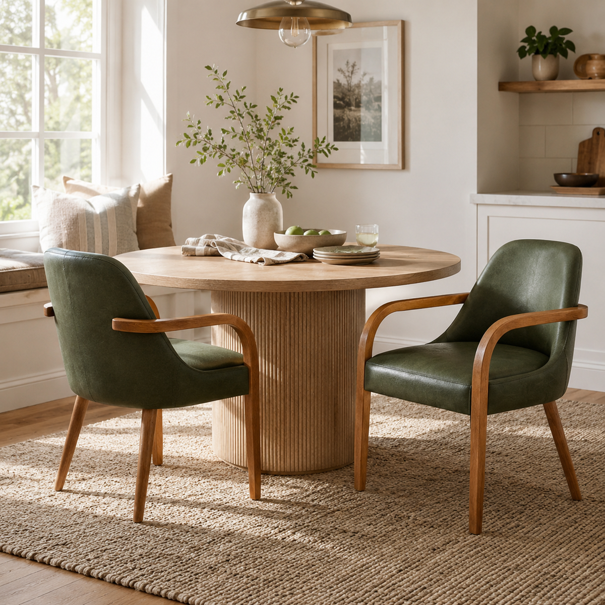 Geneva green upholstered dining chairs in a warm dining room with natural wood furniture