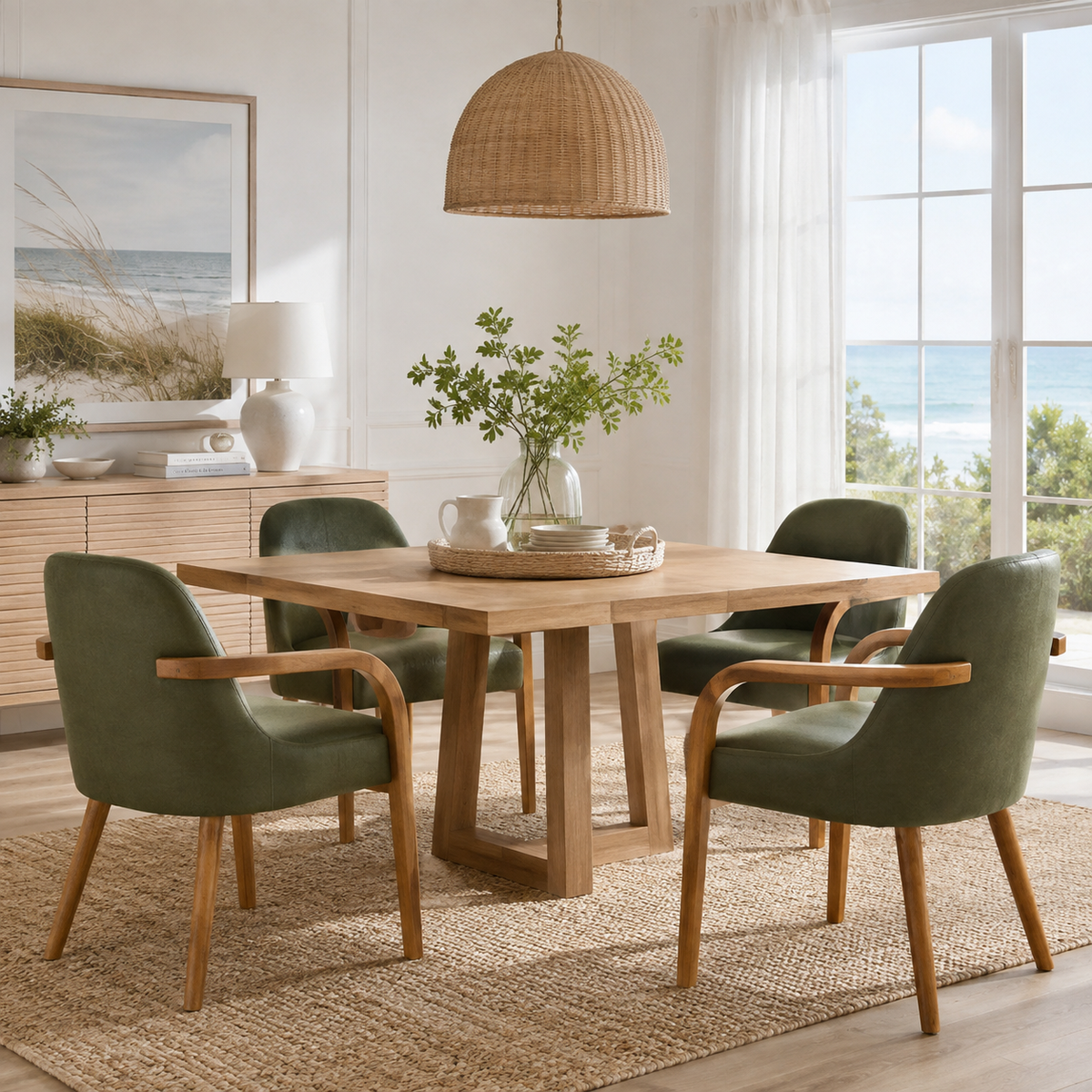 Geneva green dining chairs around a dining table in a sunlit contemporary dining space