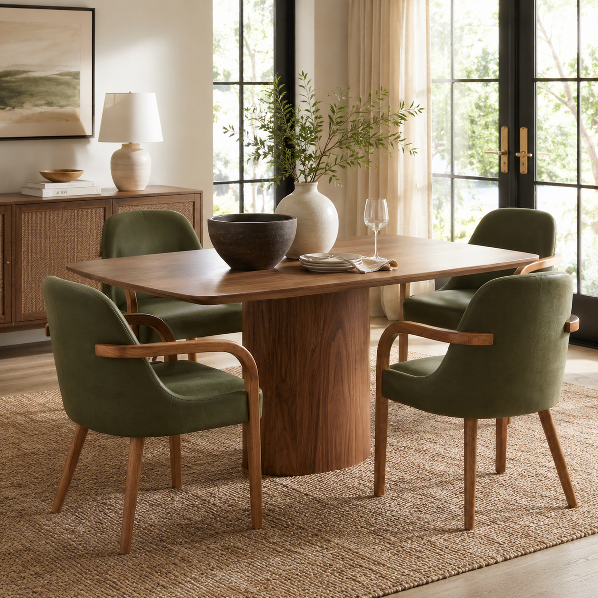 Geneva green dining chairs around a dining table in a sunlit contemporary dining space