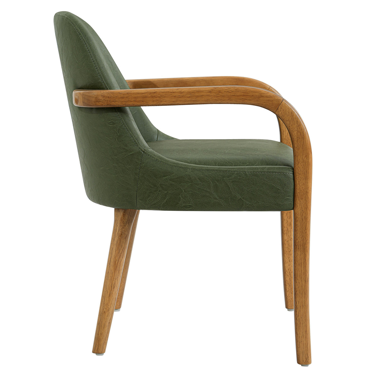 Geneva green upholstered dining chair side view with solid rubberwood arms on white background