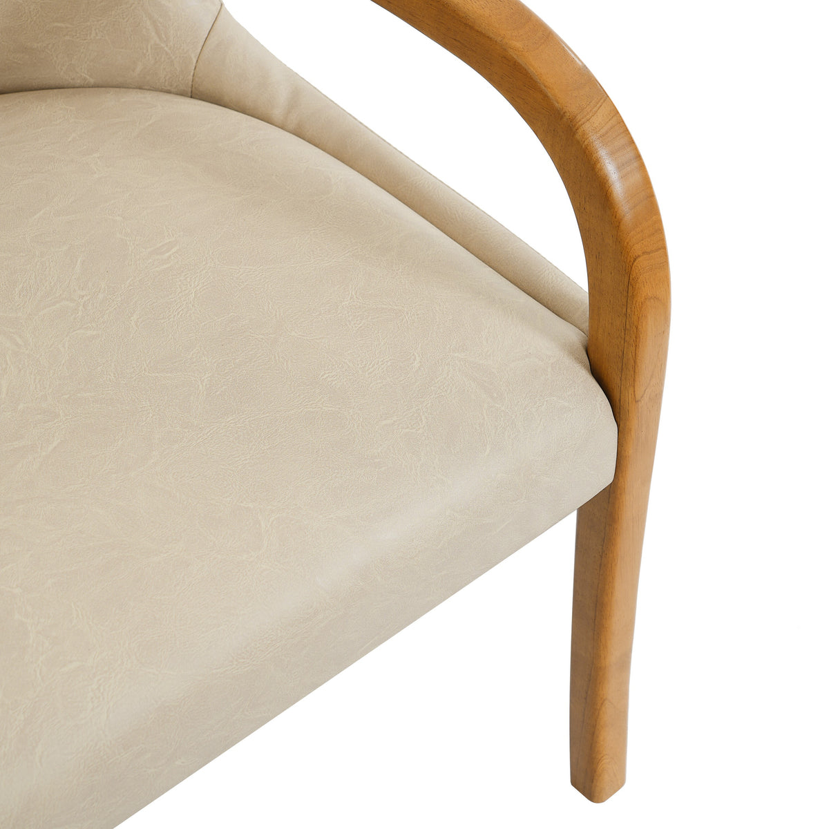 Geneva khaki dining chair close-up of the upholstered seat edge and curved wood armrest