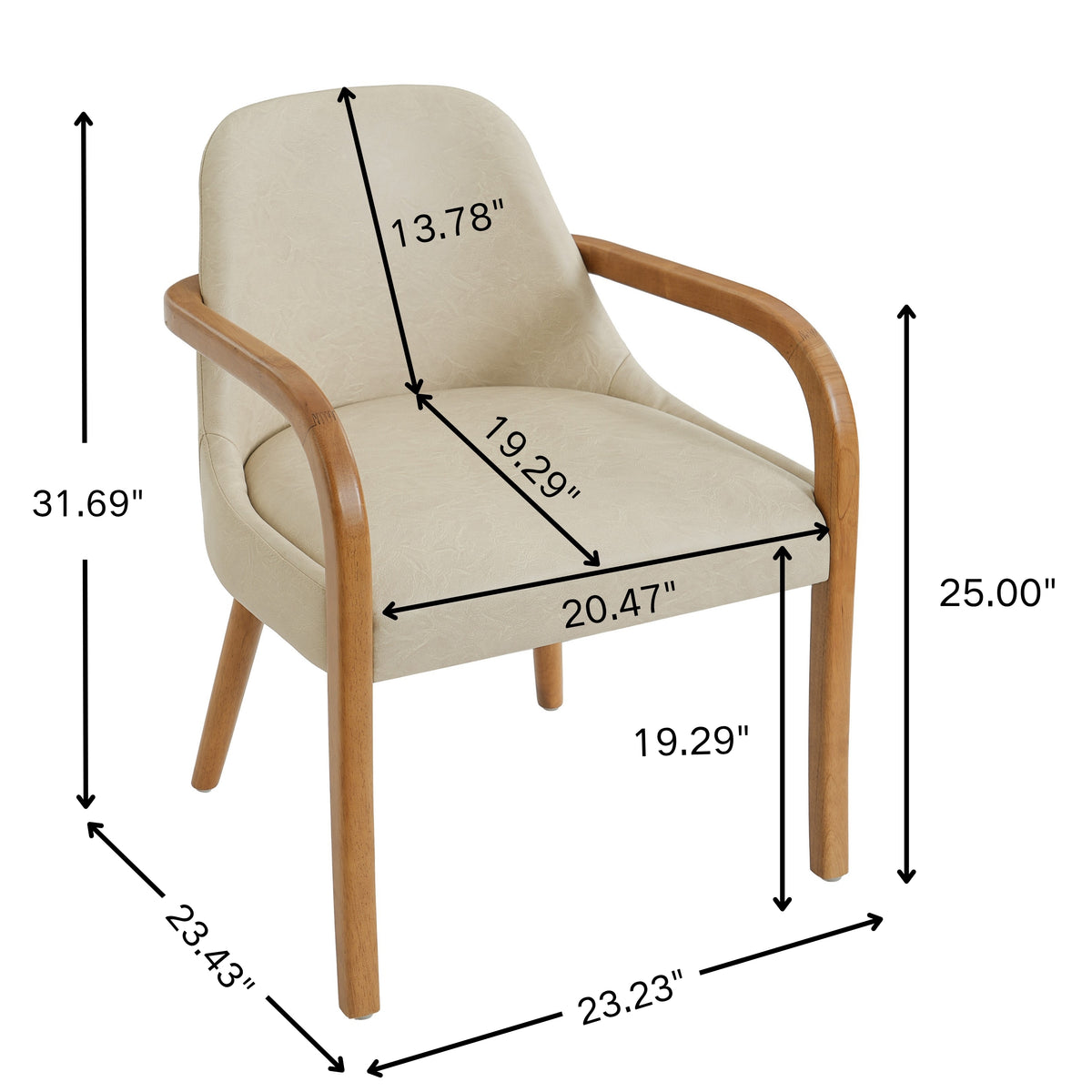 Geneva khaki upholstered dining chair showing product dimensions with solid rubberwood legs