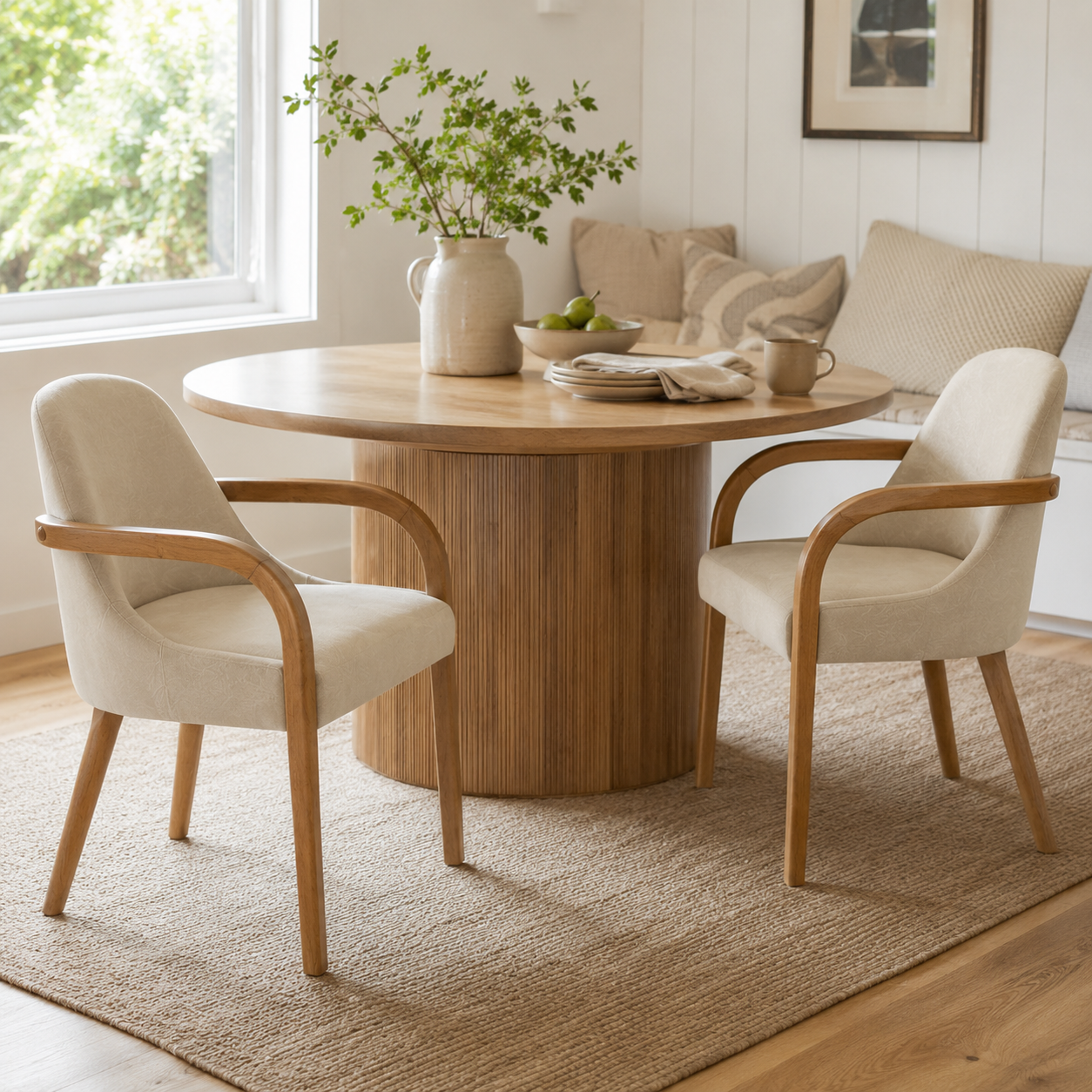 Geneva khaki upholstered dining chairs beside a round wood dining table in a bright dining room