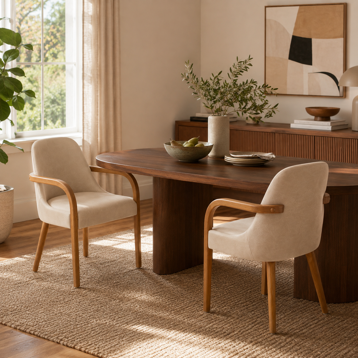 Geneva khaki dining chairs around a round wood dining table in a warm dining space