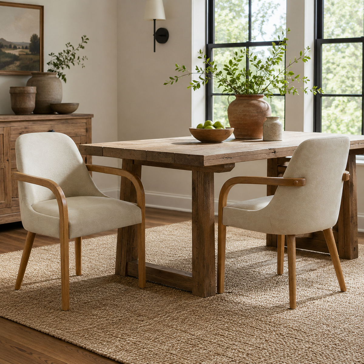 Geneva khaki upholstered dining chairs in a sunlit dining room with natural wood finishes