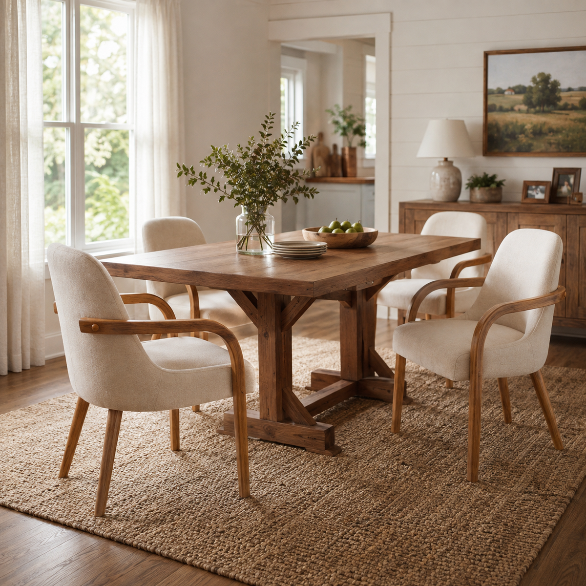 Geneva khaki dining chairs around a dining table in a cozy contemporary home
