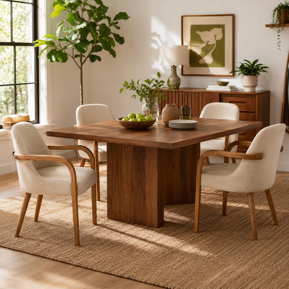 Geneva khaki upholstered dining chairs beside a round dining table in a bright home interior