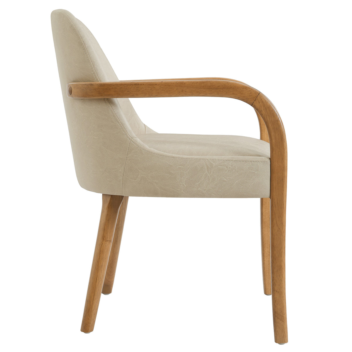 Geneva khaki upholstered dining chair side view with curved wood arms on white background