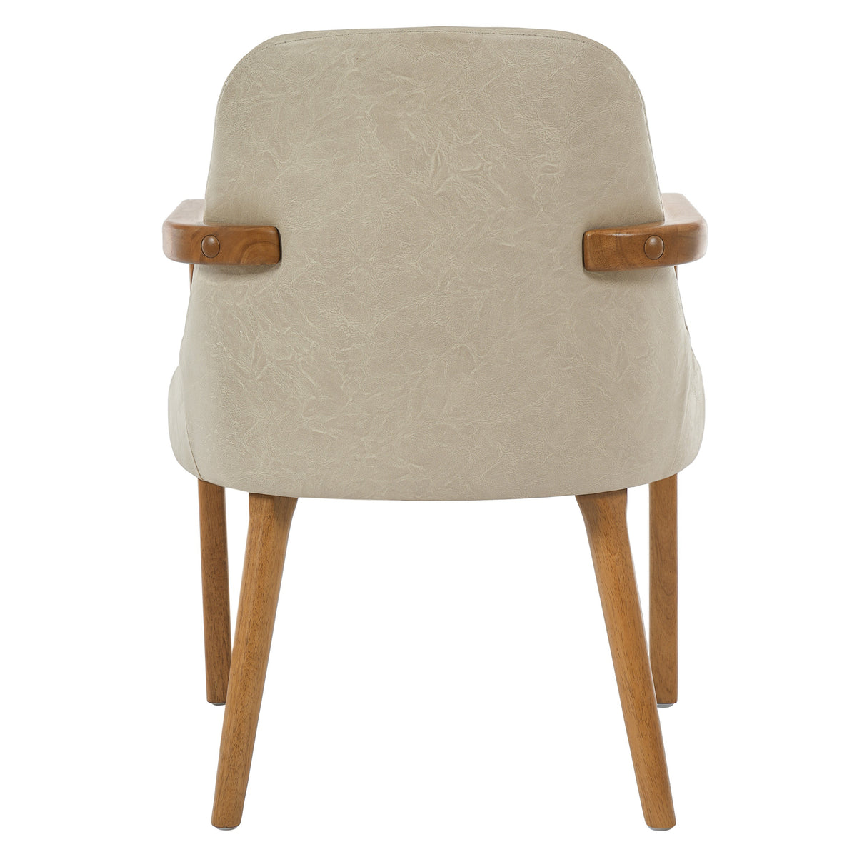 Geneva khaki upholstered dining chair rear view with solid rubberwood legs on white background