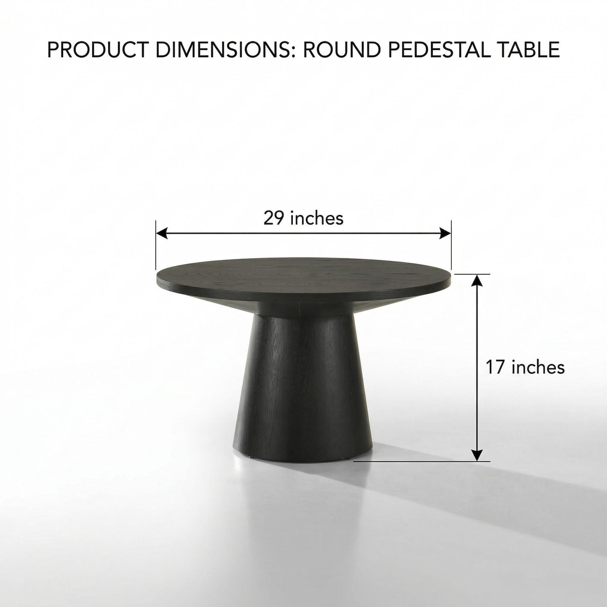 Genoa black 29 inch round coffee table showing product dimensions and pedestal base