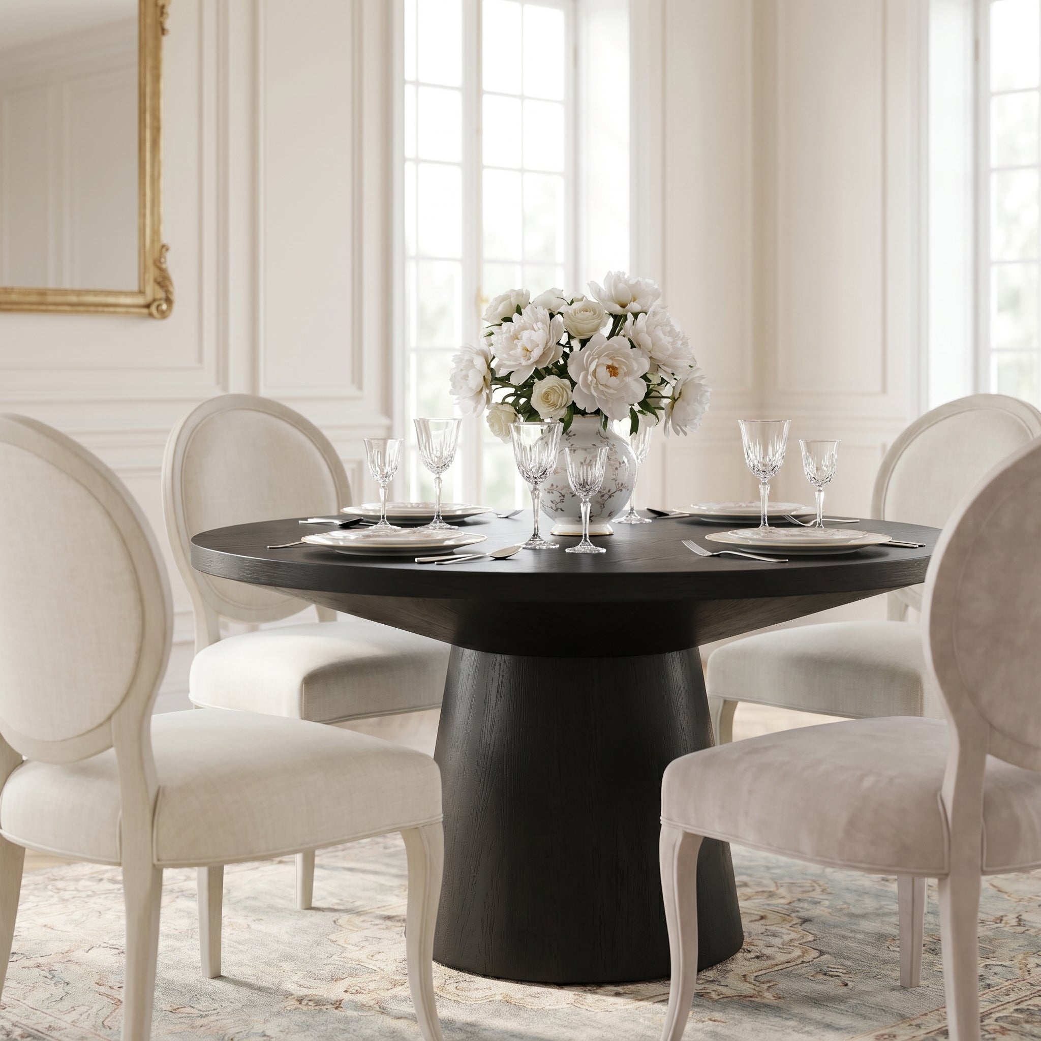 Genoa black coffee table showing a round pedestal table in an elegant dining space