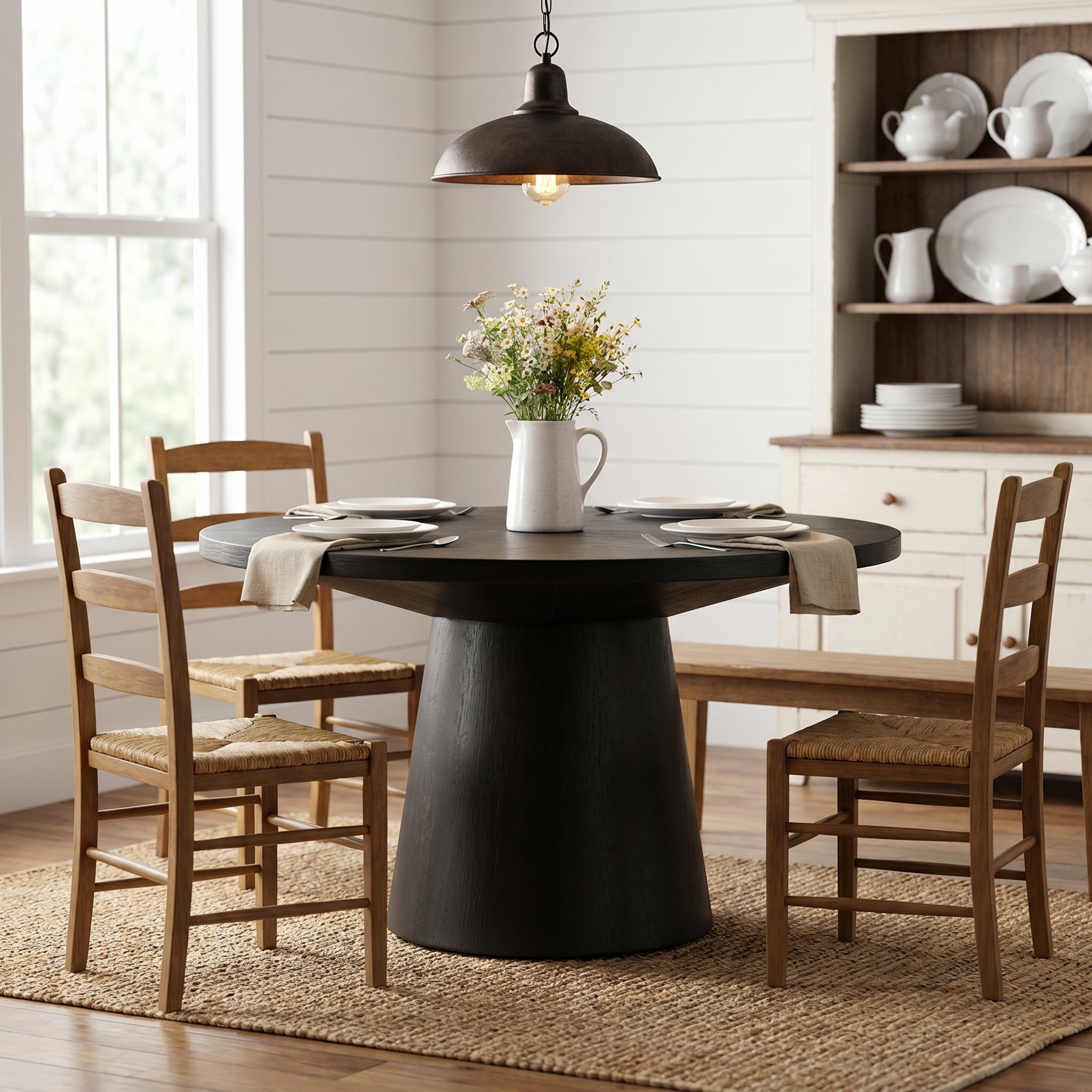 Genoa black coffee table showing a modern round table with chairs in a bright room
