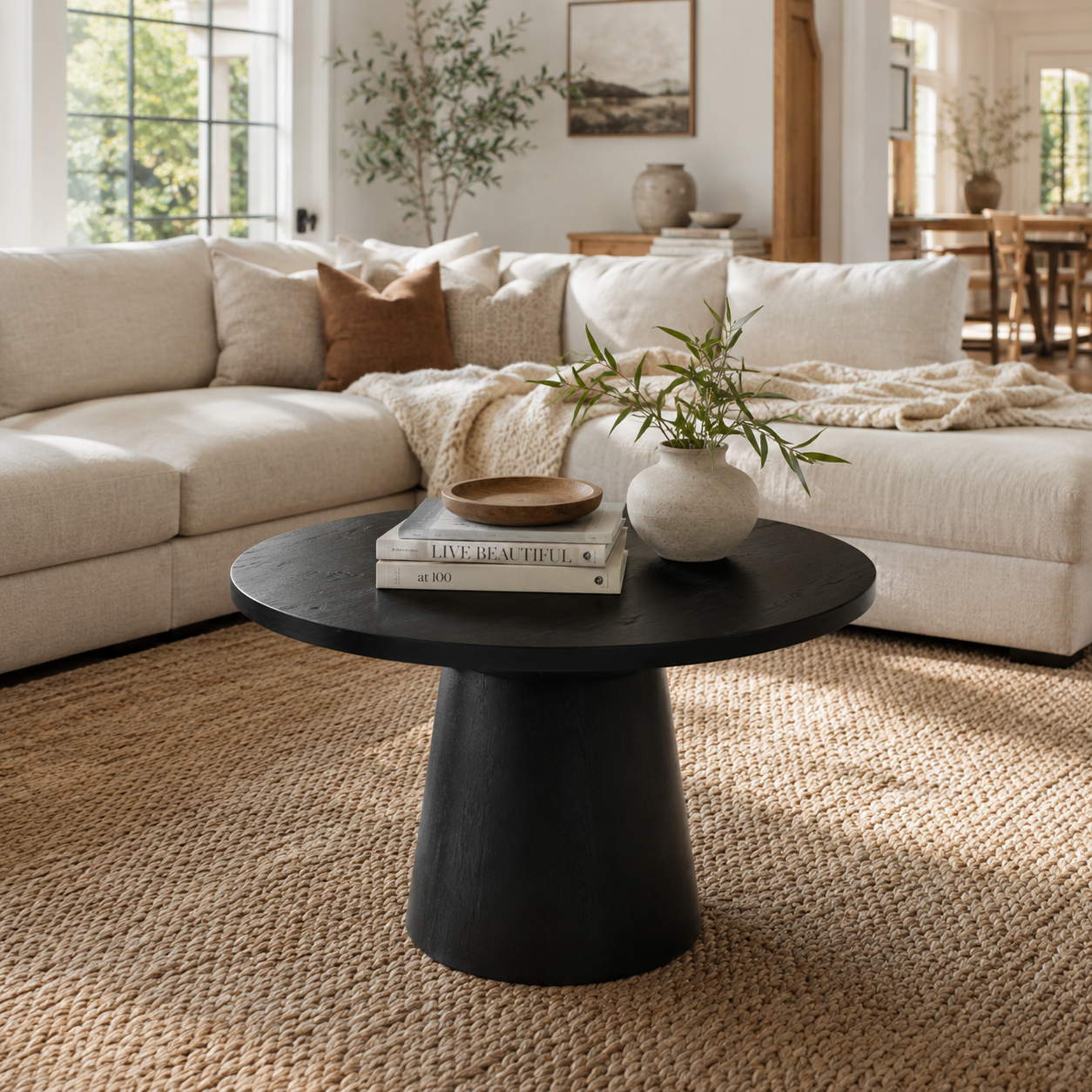 Genoa black round coffee table centered in a cozy living room with neutral seating