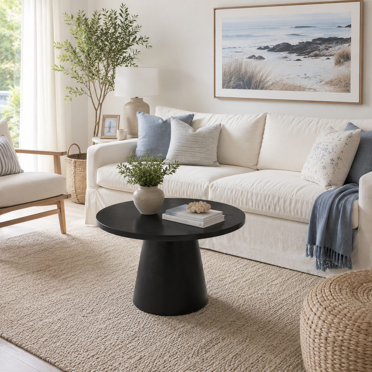 Genoa black pedestal coffee table in a bright contemporary living room with light upholstered furniture