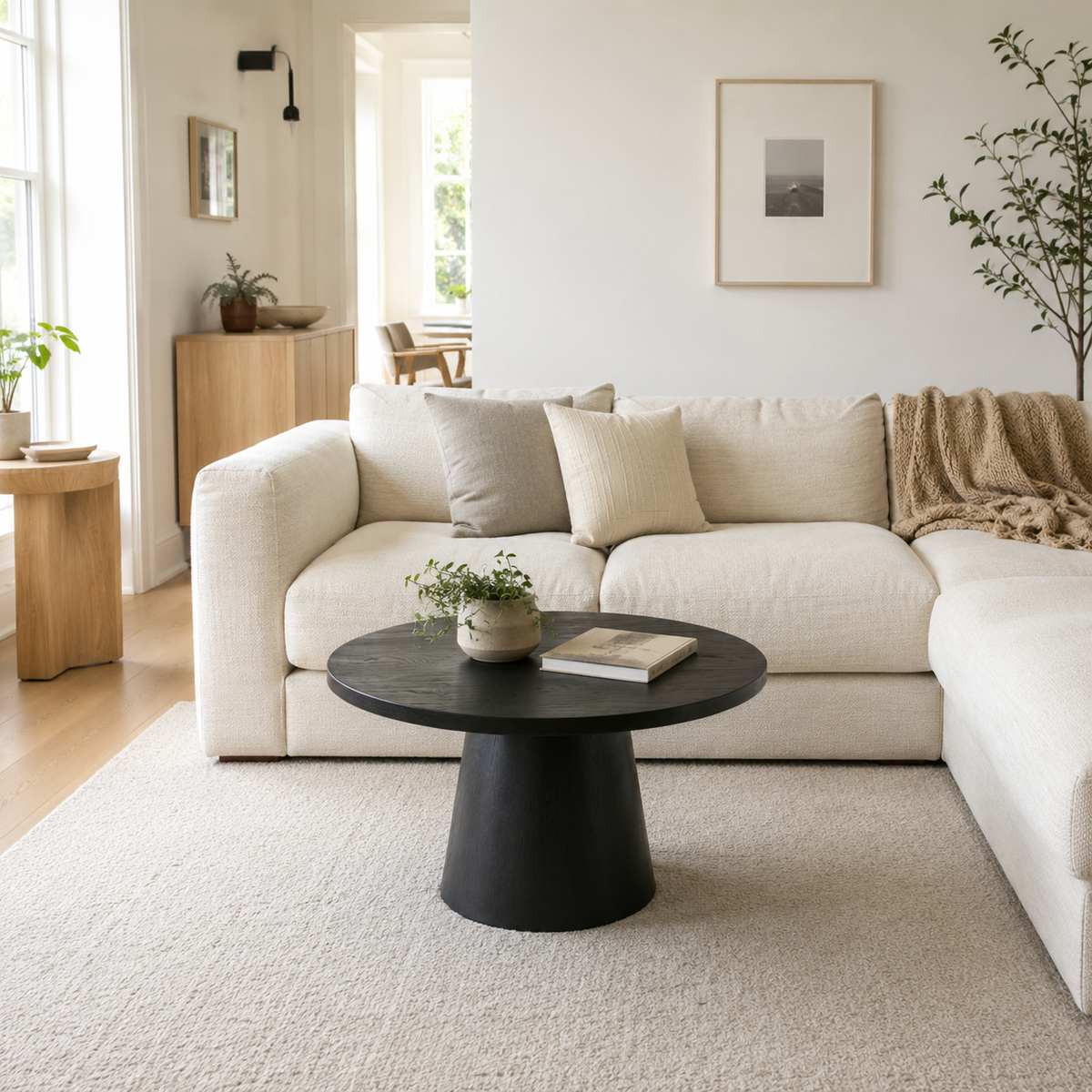 Genoa black round coffee table in a modern living room with neutral decor and natural light