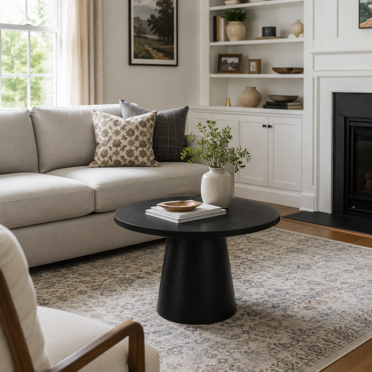 Genoa black round coffee table in a cozy living room with shelving and soft neutral furnishings