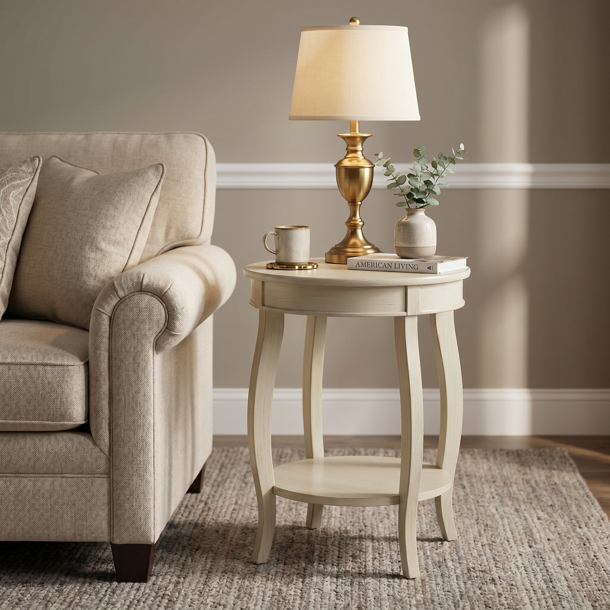Gila white side table showing a styled accent table in a cozy seating area