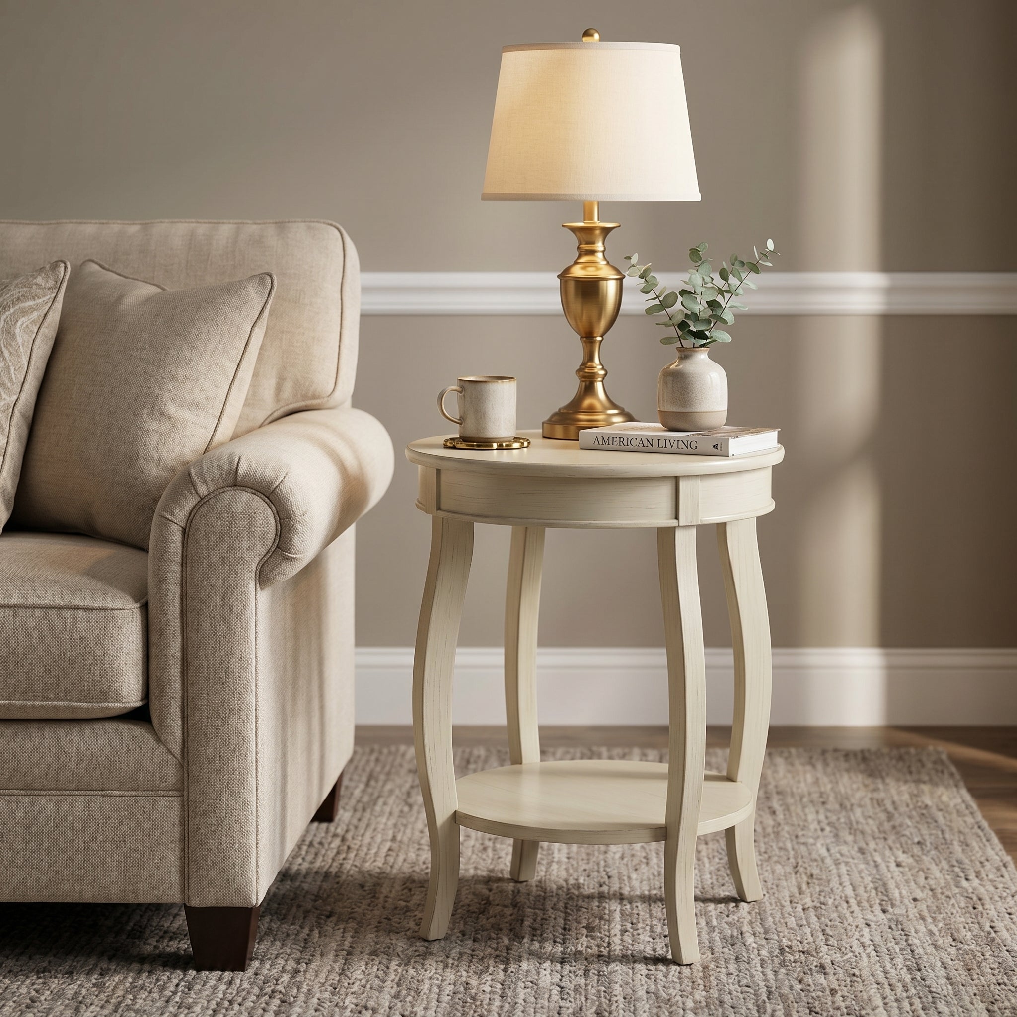 Gila white side table showing a styled accent table in a cozy seating area