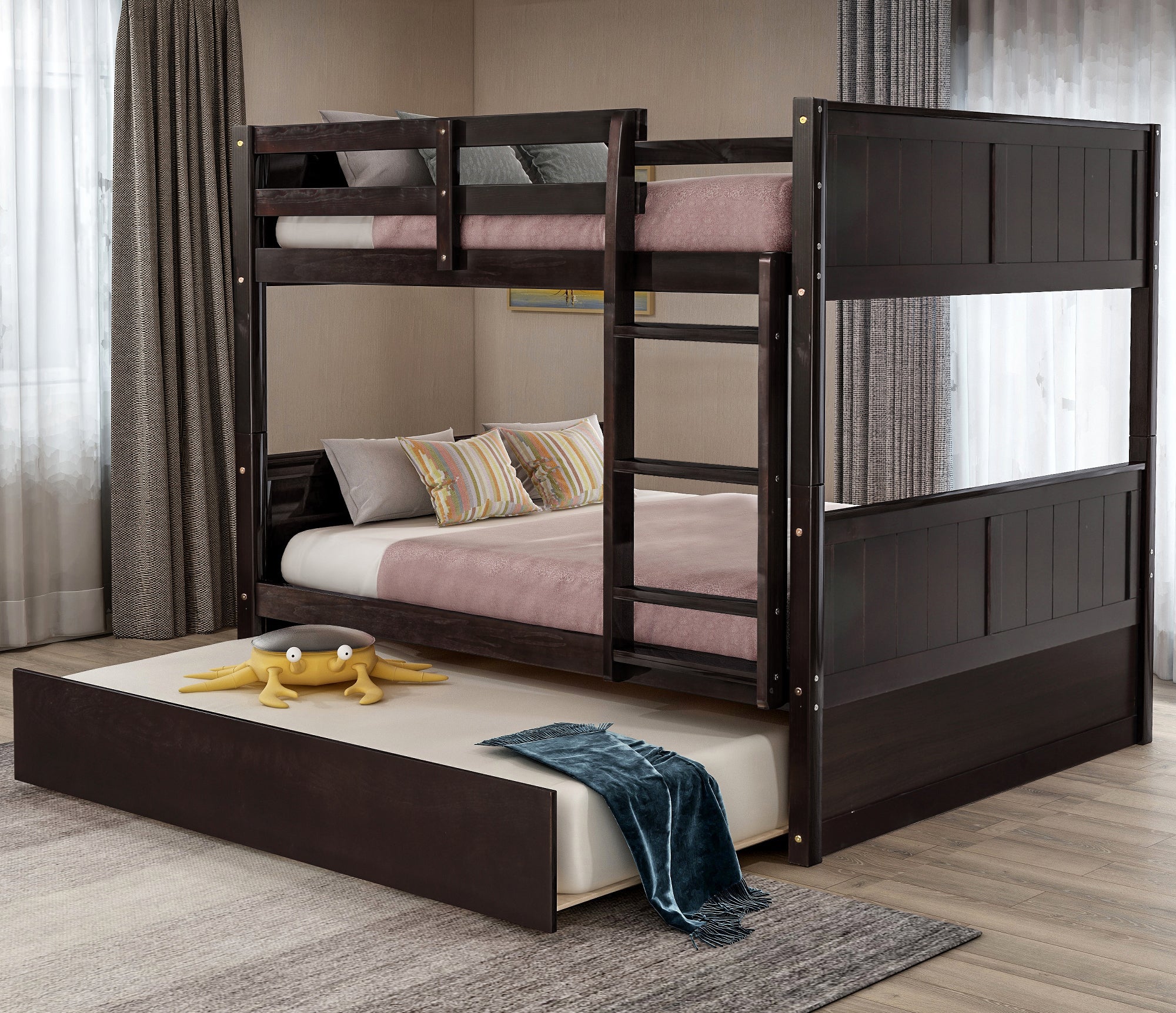 Grevin espresso bunk bed showing lifestyle view with twin trundle