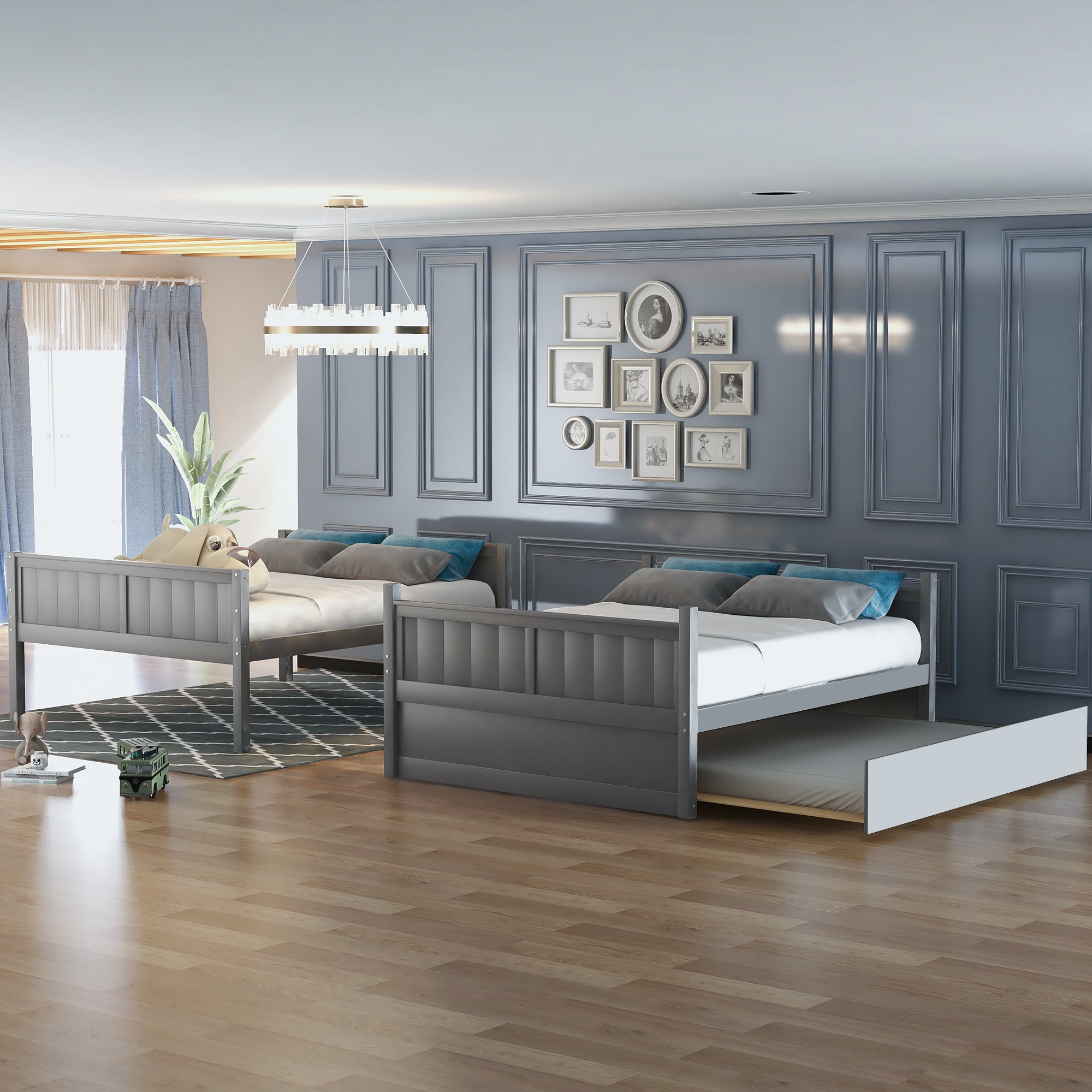 Grevin gray bunk bed showing lifestyle view with twin trundle