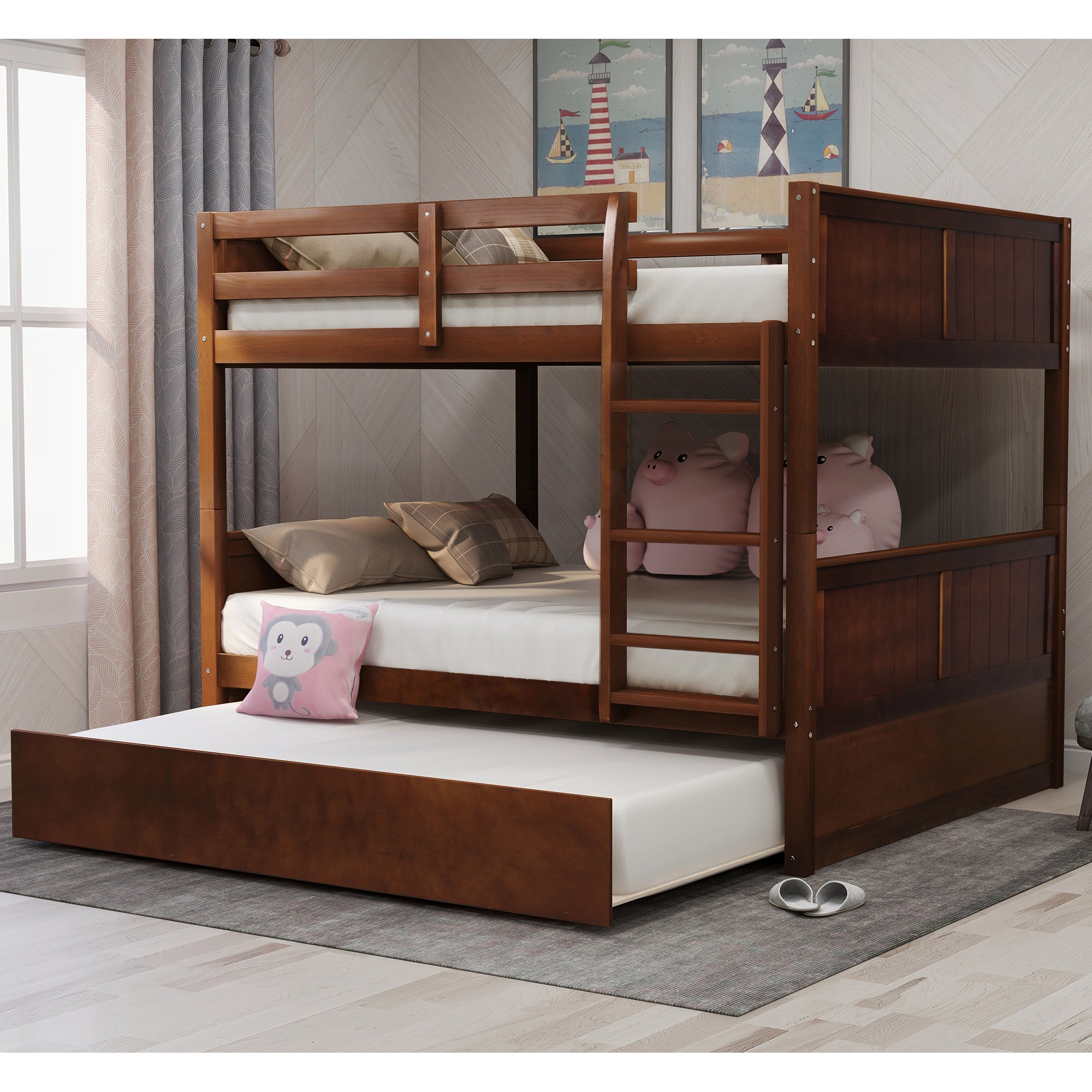 Grevin walnut bunk bed showing lifestyle view in bedroom