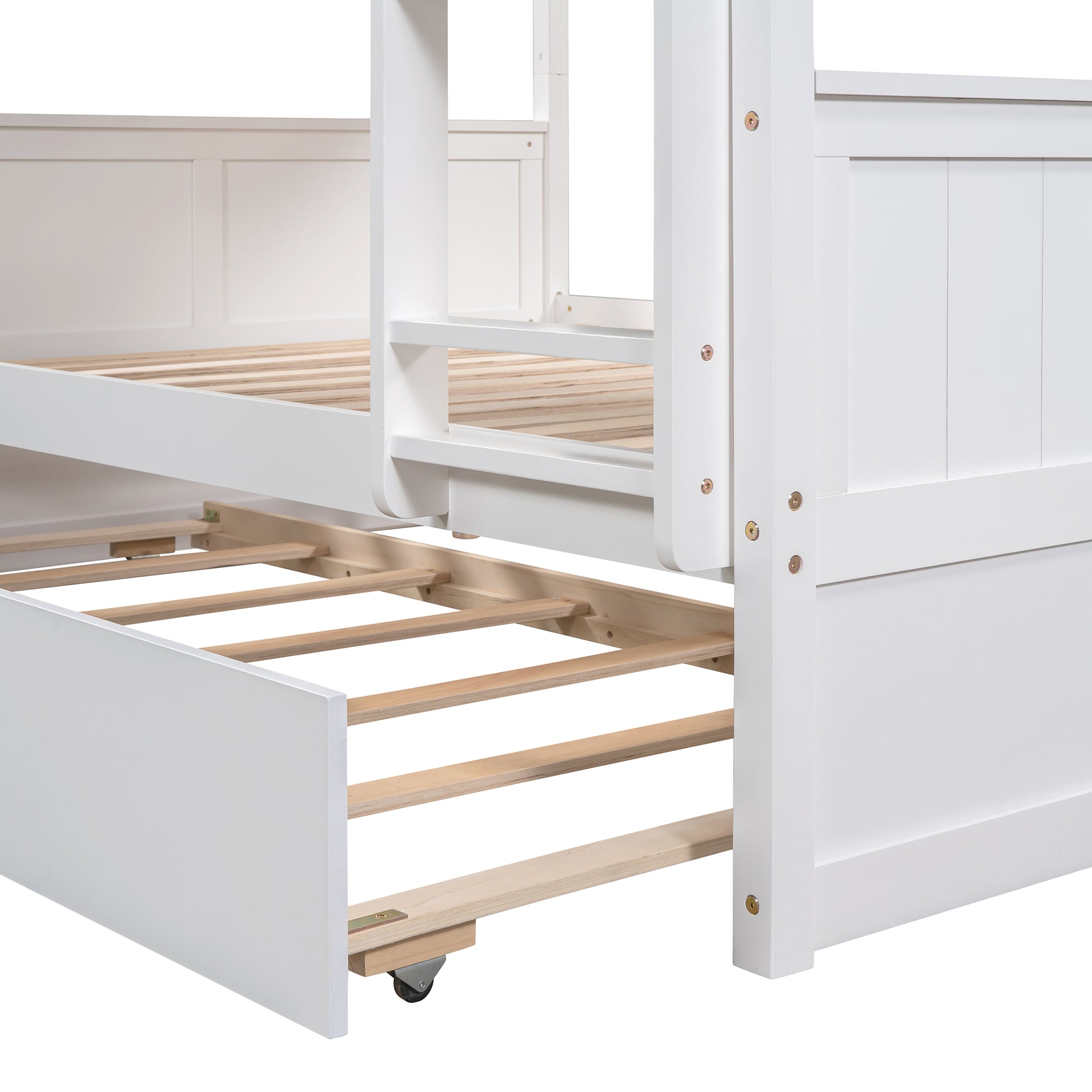 Grevin white bunk bed showing trundle and ladder connection detail