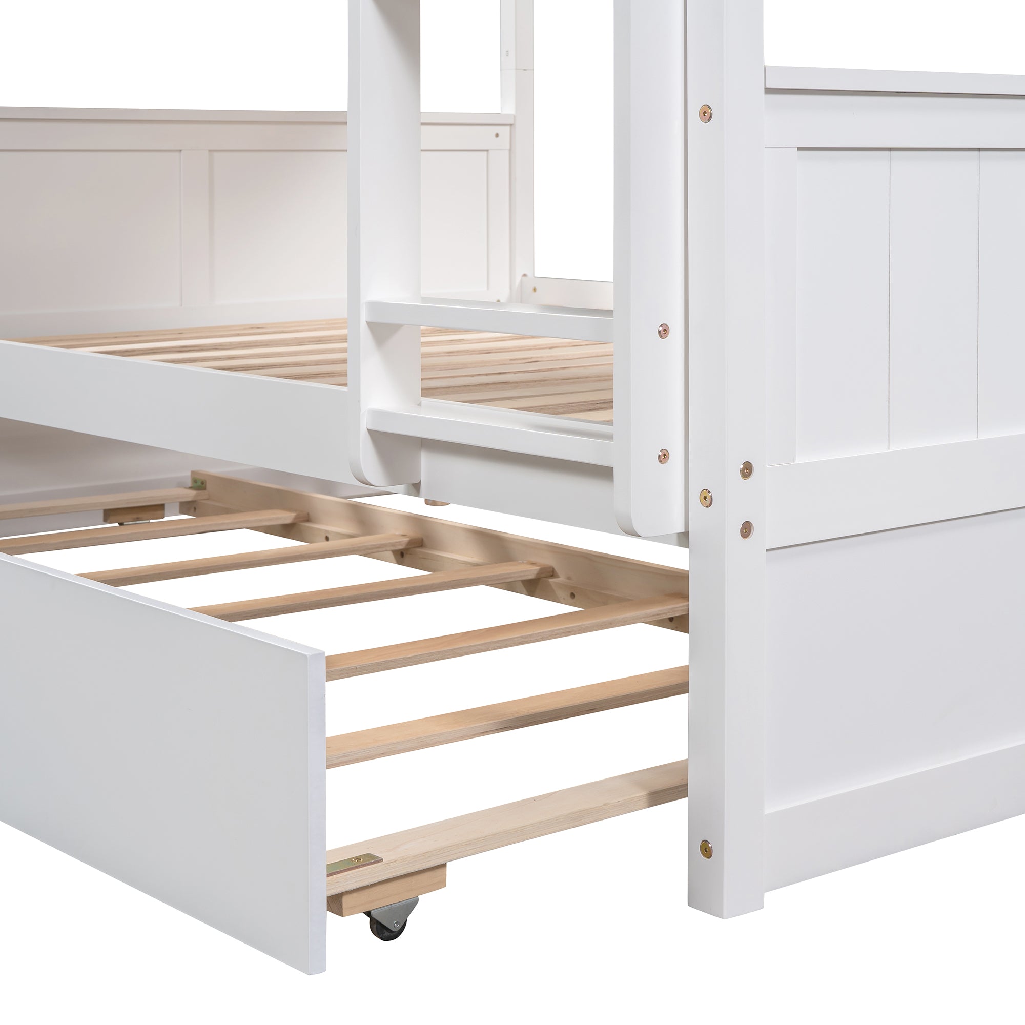 Grevin white bunk bed showing trundle and ladder connection detail