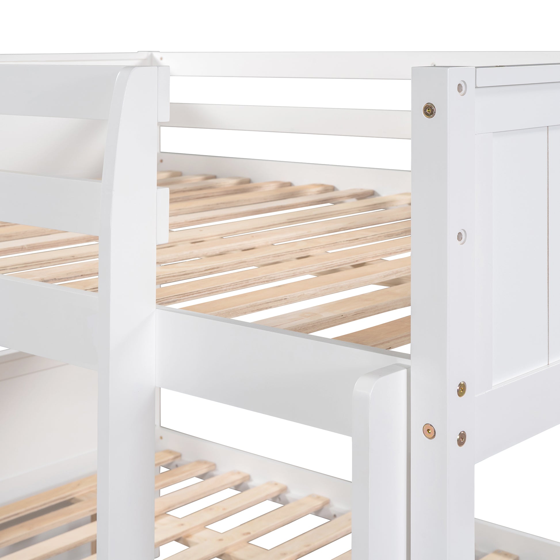 Grevin white bunk bed showing wood slat support and frame connection detail