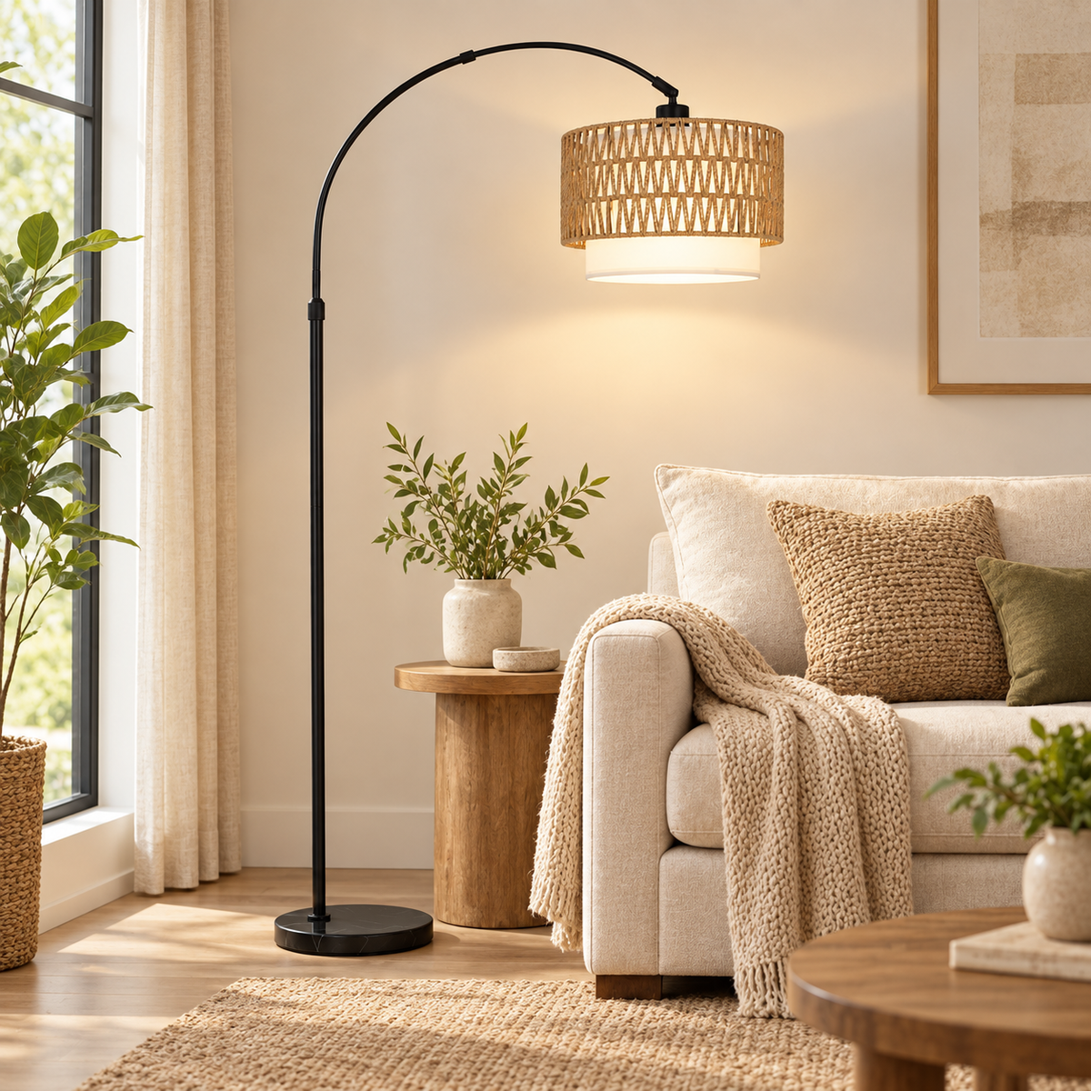 Halo 63"-73" Adjustable Arc Floor Lamp with Rattan Shade and Dimmable LED