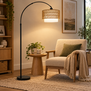Halo 63"-73" Adjustable Arc Floor Lamp with Rattan Shade and Dimmable LED
