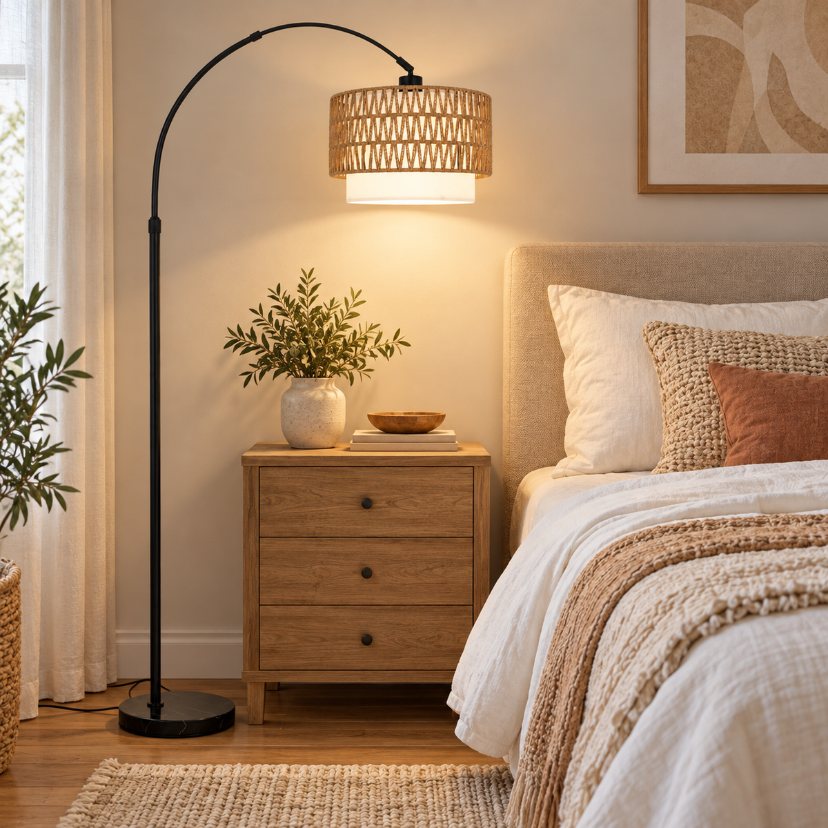 Halo 63"-73" Adjustable Arc Floor Lamp with Rattan Shade and Dimmable LED