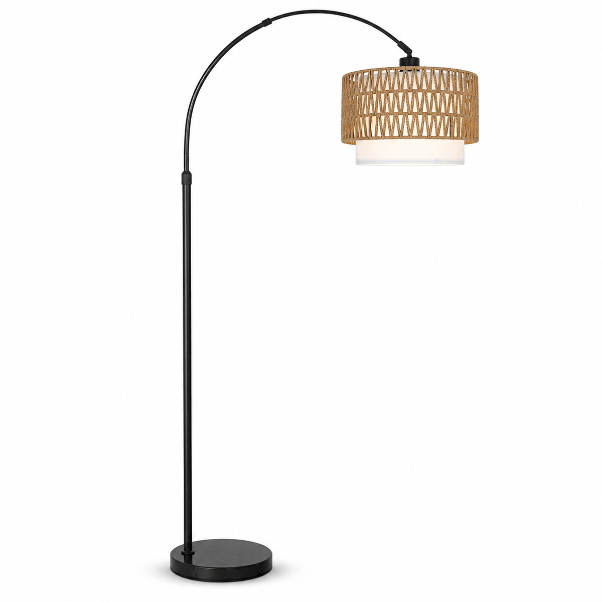 Halo 63"-73" Adjustable Arc Floor Lamp with Rattan Shade and Dimmable LED