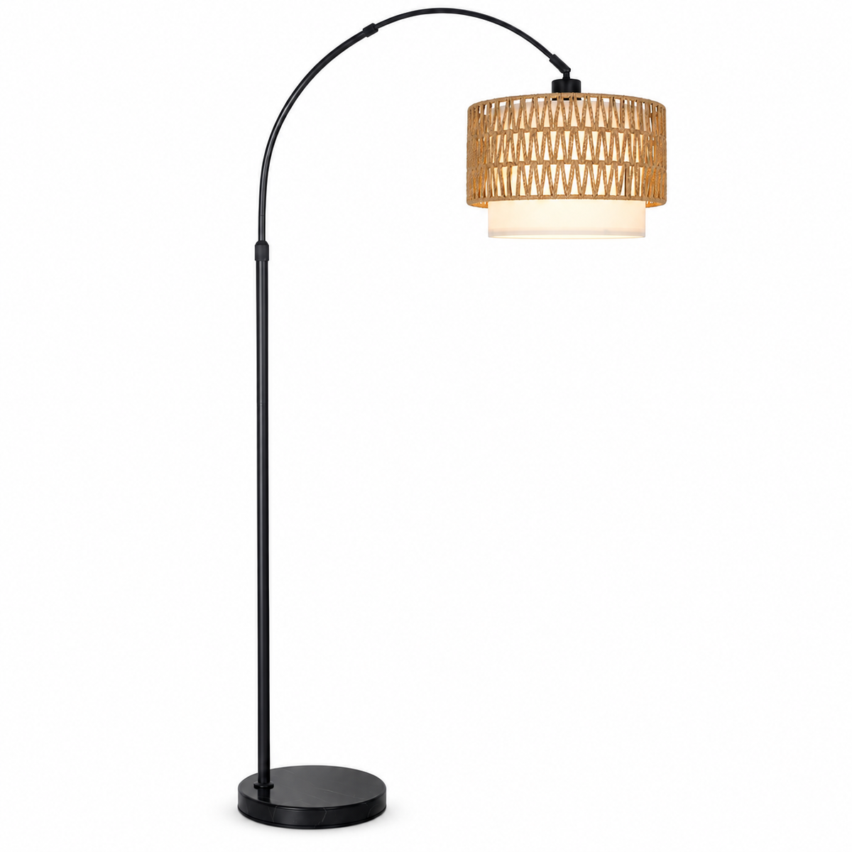 Halo 63"-73" Adjustable Arc Floor Lamp with Rattan Shade and Dimmable LED