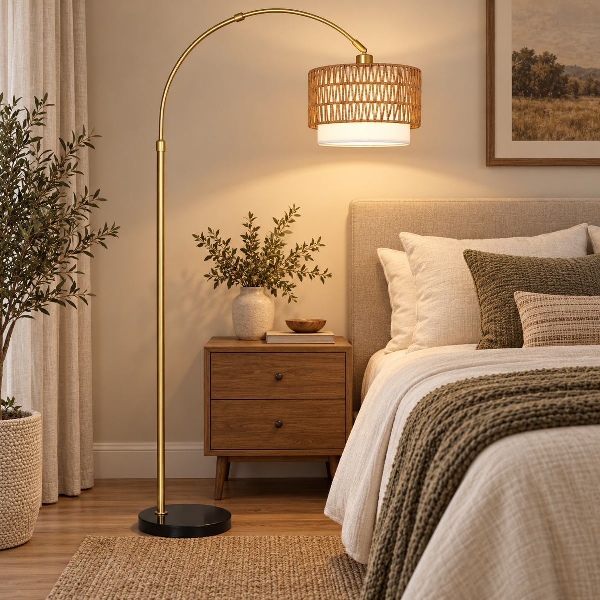 Halo 63"-73" Adjustable Arc Floor Lamp with Rattan Shade and Dimmable LED