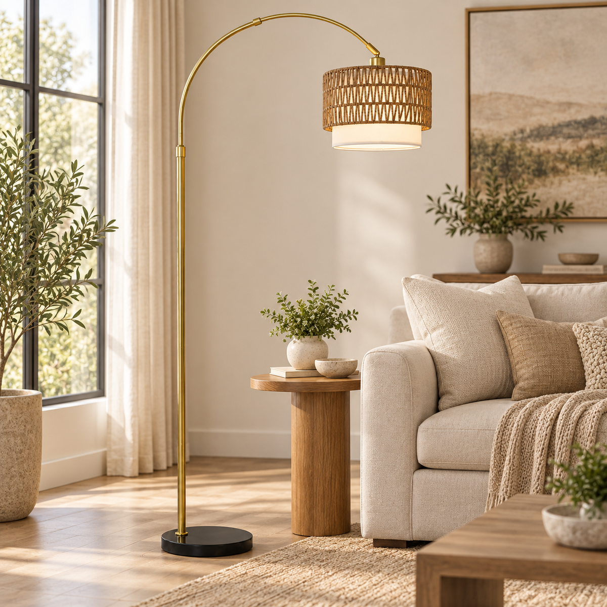 Halo 63"-73" Adjustable Arc Floor Lamp with Rattan Shade and Dimmable LED