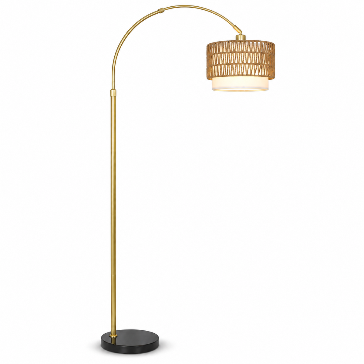 Halo 63"-73" Adjustable Arc Floor Lamp with Rattan Shade and Dimmable LED