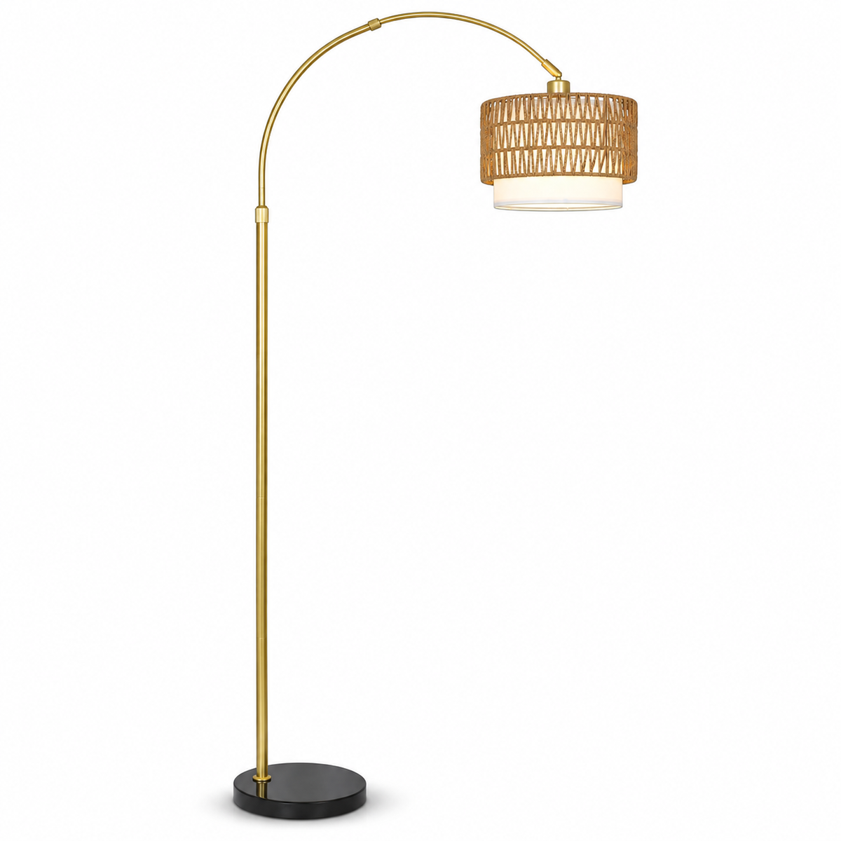 Halo 63"-73" Adjustable Arc Floor Lamp with Rattan Shade and Dimmable LED