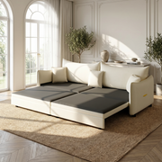 Hesperia beige convertible sofa bed showing full sleeper bed setup in elegant living room