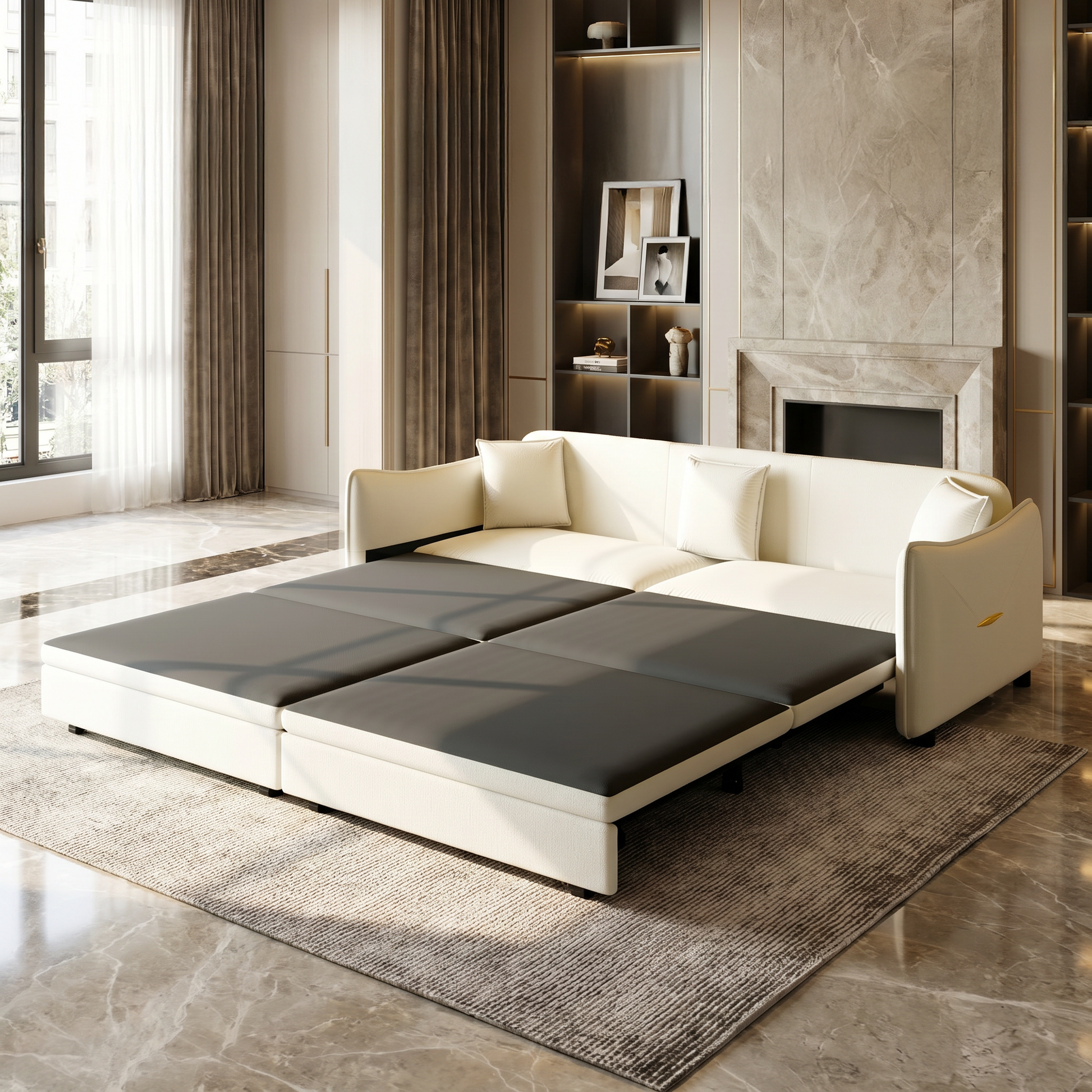 Hesperia beige convertible sofa bed showing extended bed mode with matching pillows