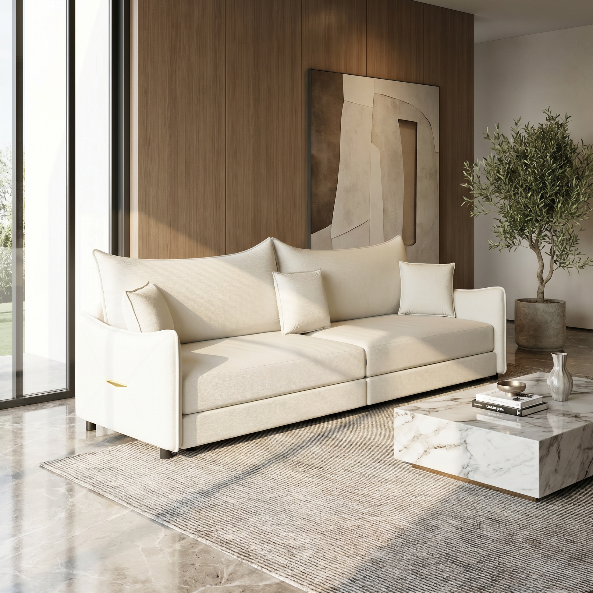 Hesperia beige convertible sofa bed showing angled sofa view in luxury interior