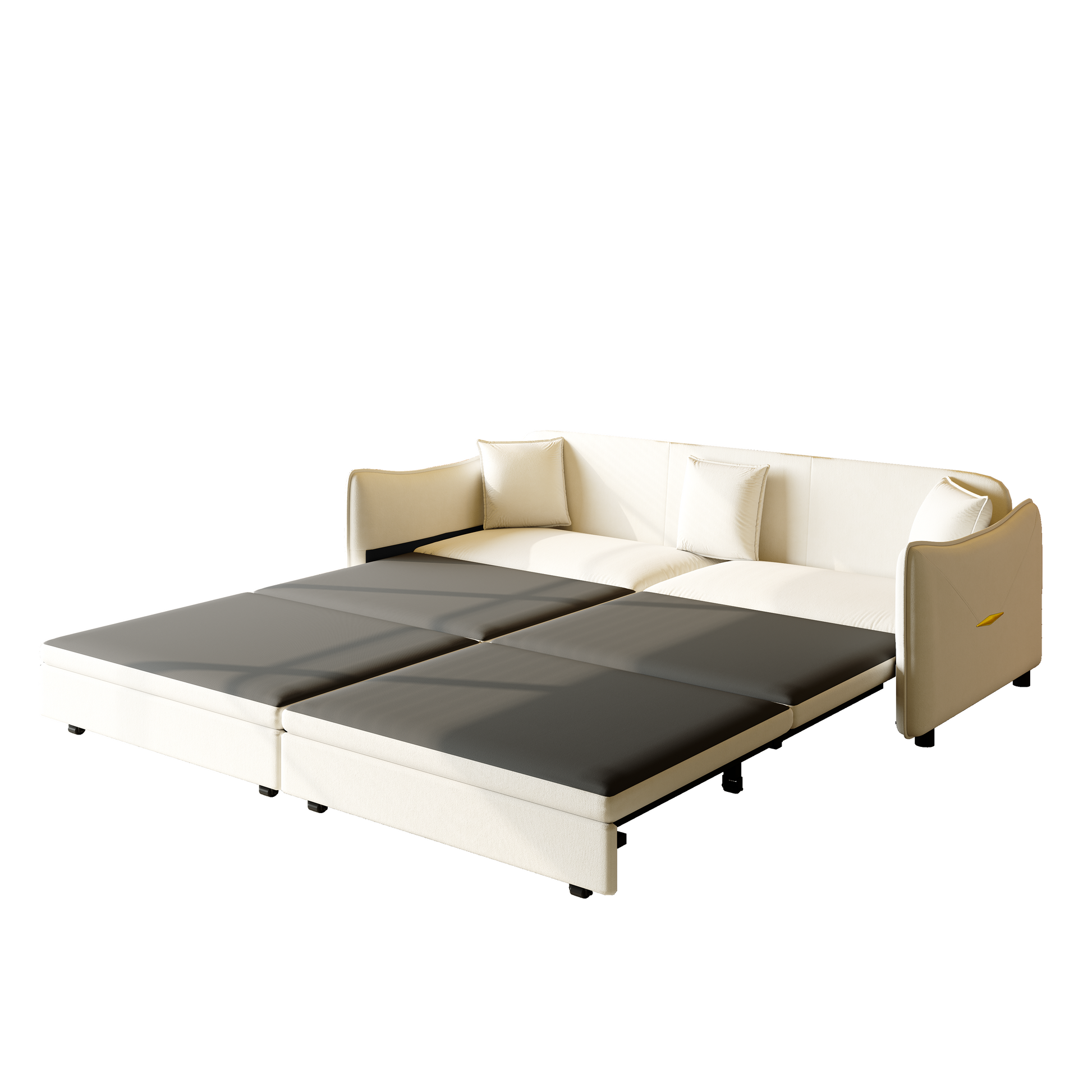 Hesperia beige convertible sofa bed showing full bed mode on white background